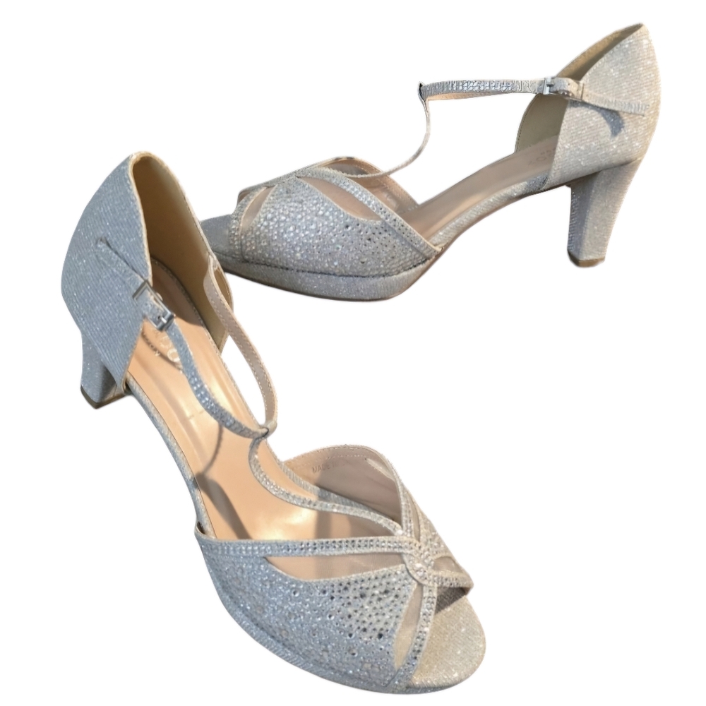 Paradox London Nora Silver Tstrap Adjustable Ankle Block Heel Sandal Size 11